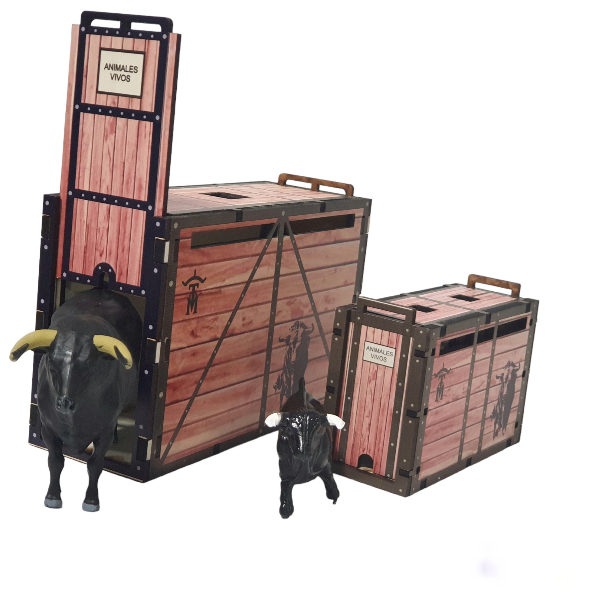 Toro Bravo de lidia negro zaino con cajon de transporte color madera mas regalo cajon o toril escala playmobil.