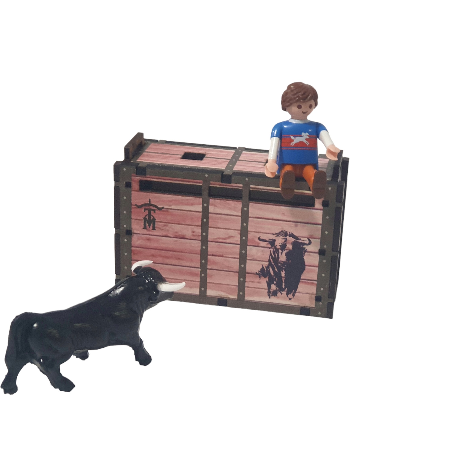 Cajon o toril de madera para toro bravo de juguete escala playmobil