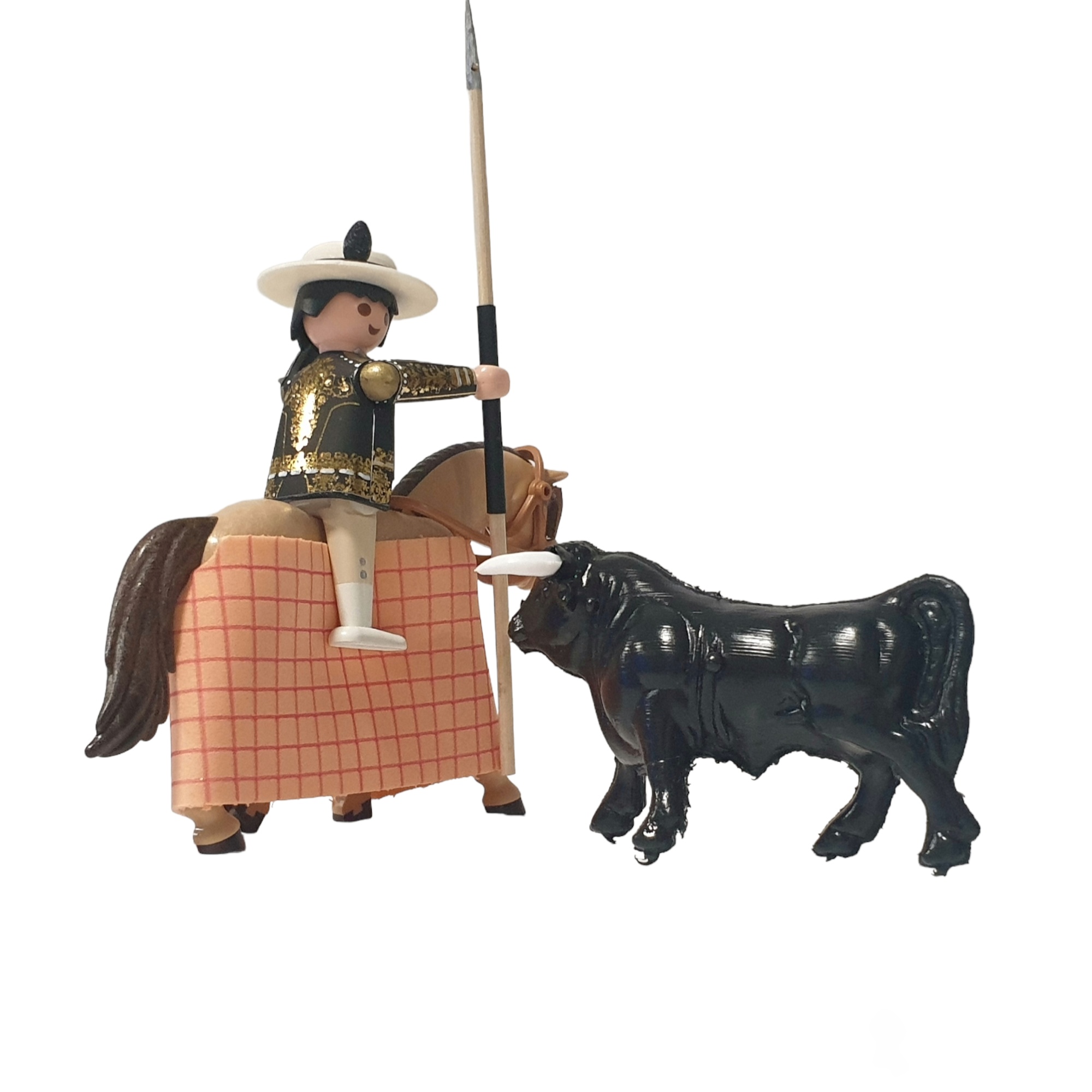 Figurita taurina tipo click,picador con caballo y torito