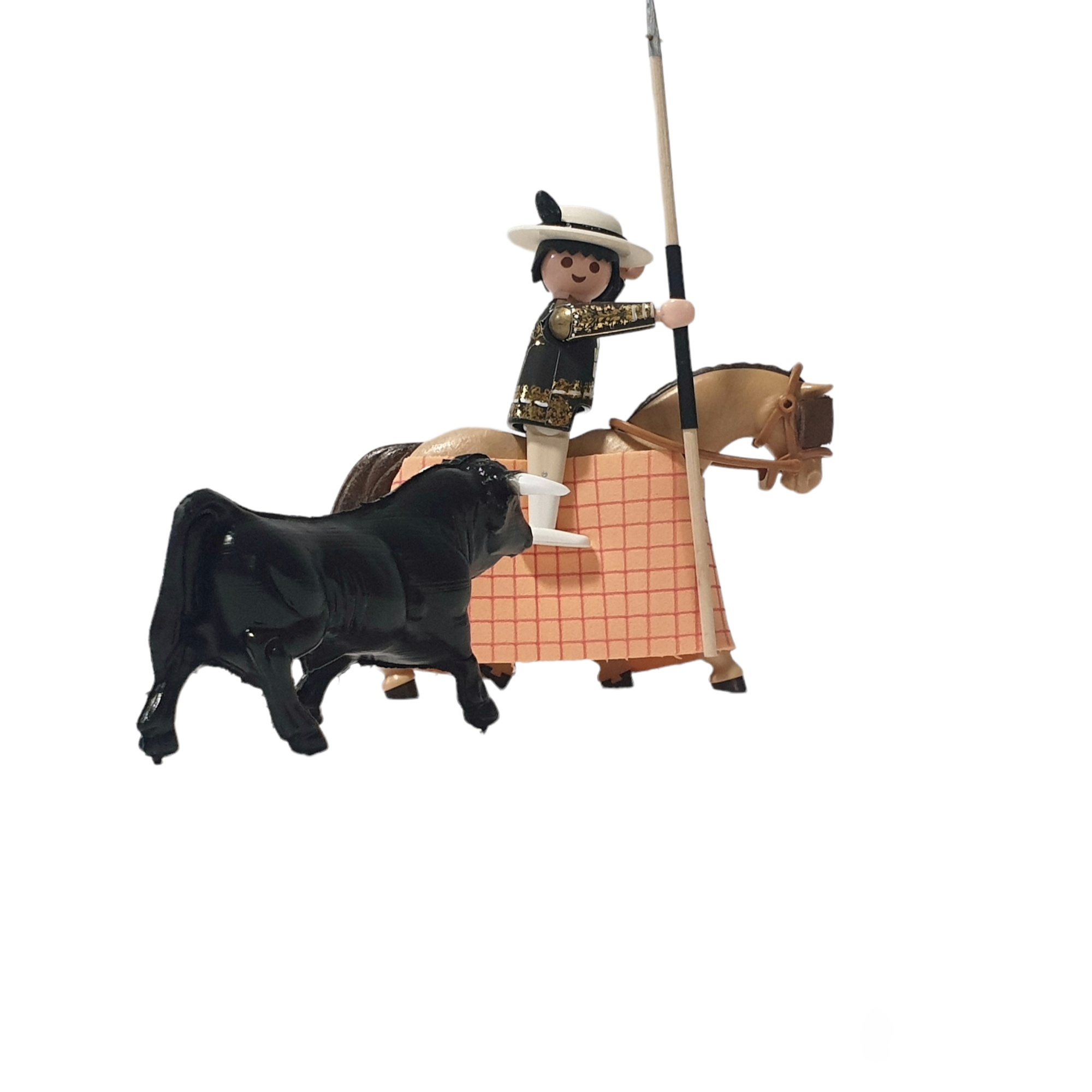 Figurita taurina tipo click,picador con caballo y torito